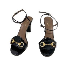 Gucci Horsebit Black Patent Leather Platform Sandals – Ankle Strap Peep Toe 7.5